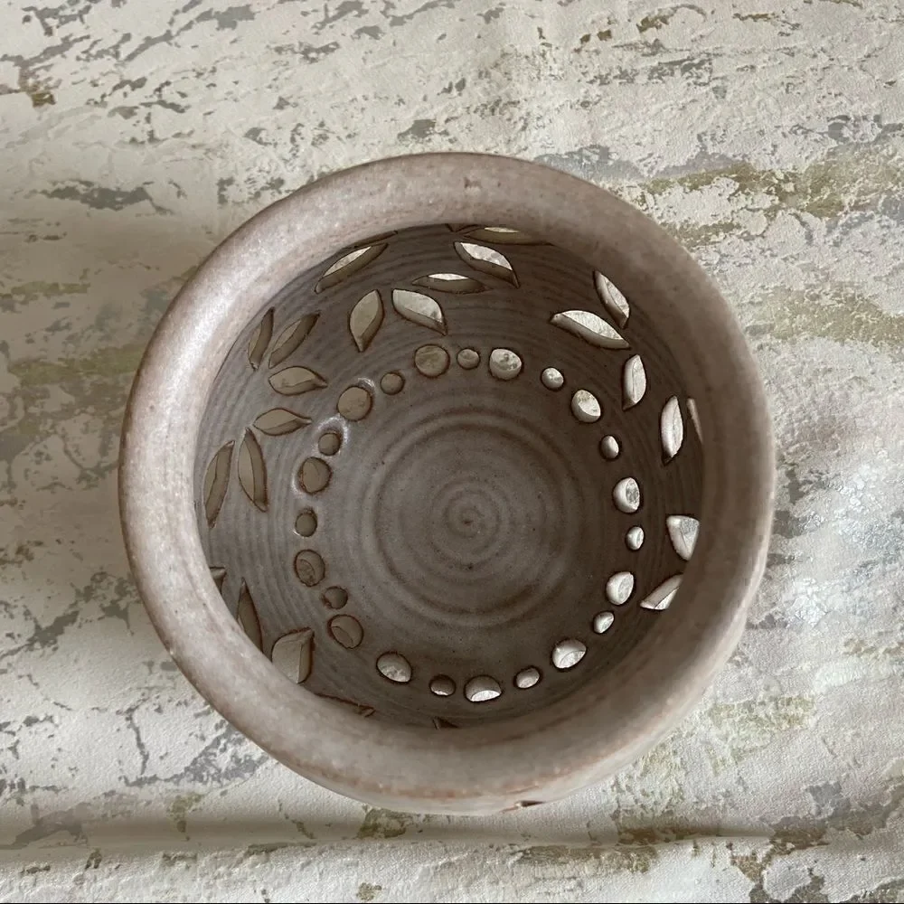Vintage Hand glazed Pottery Signed Floral Cutout